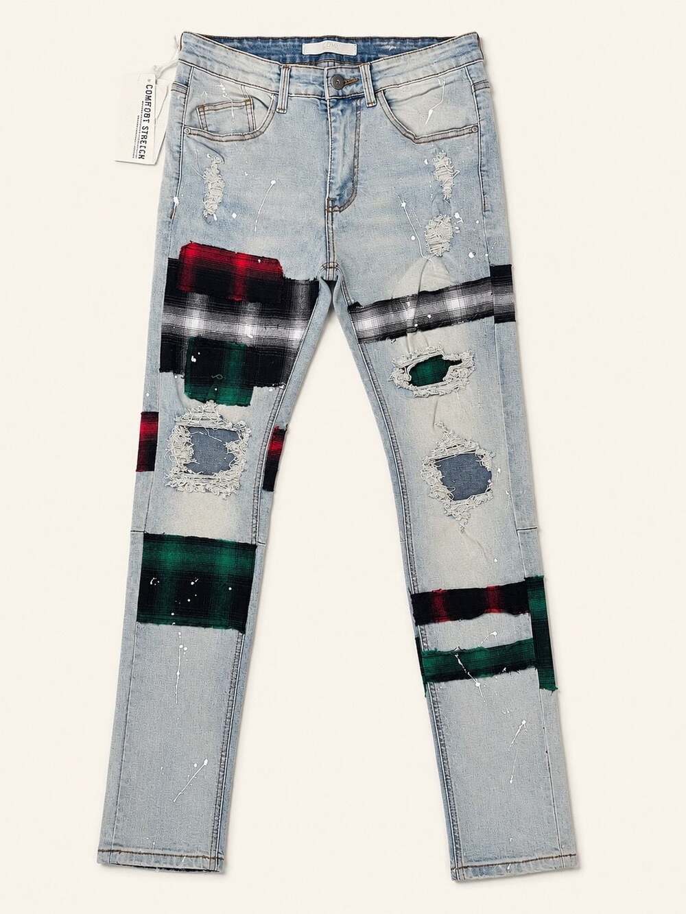 KDNK Plaid Patch Distressed Skinny Jeans Size 30 Streetwear Punk